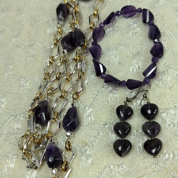 Vintage Estate Amethyst? Ametrine? Beaded Gold Tone Necklace Earrings Bracelet - Picture 6 of 10
